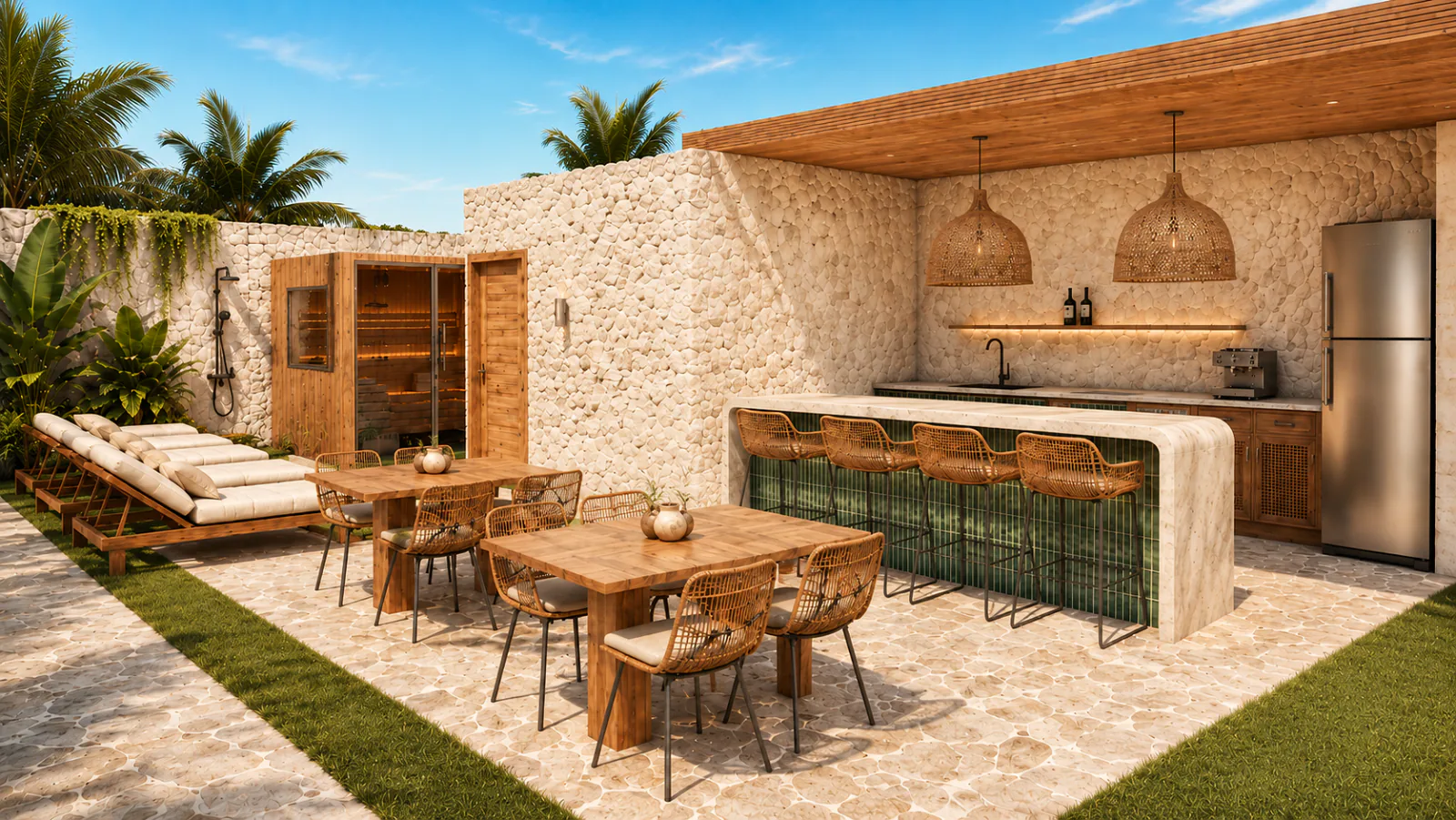 Café y co-working al aire libre con barra de piedra, mesas de madera y la sauna al fondo, de día