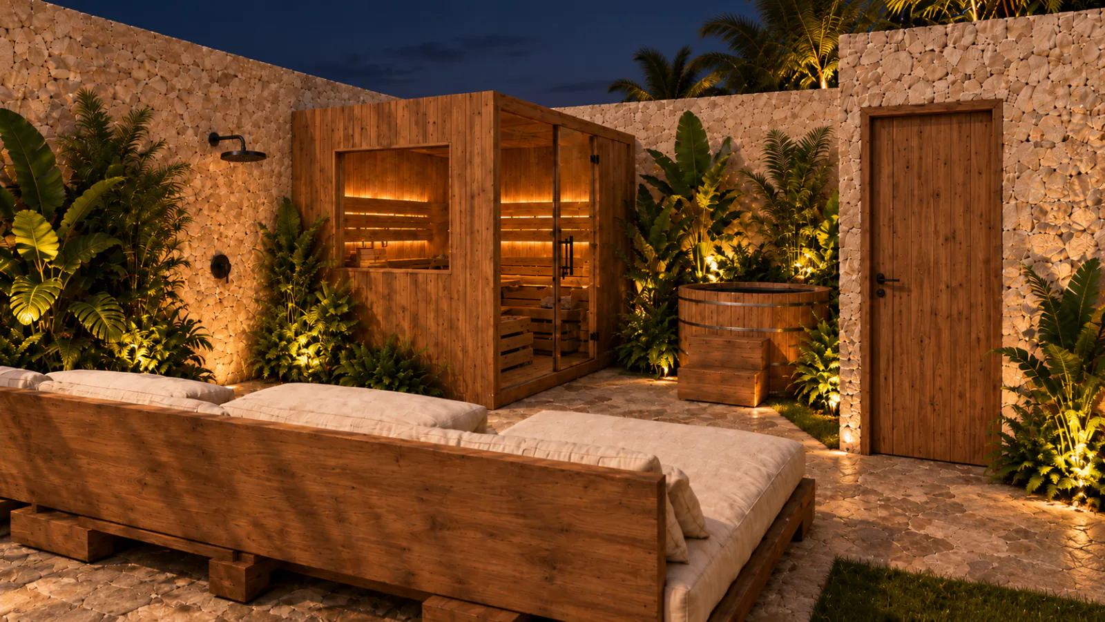 Zona wellness de noche: sauna de madera, ice bath y daybed entre vegetación tropical