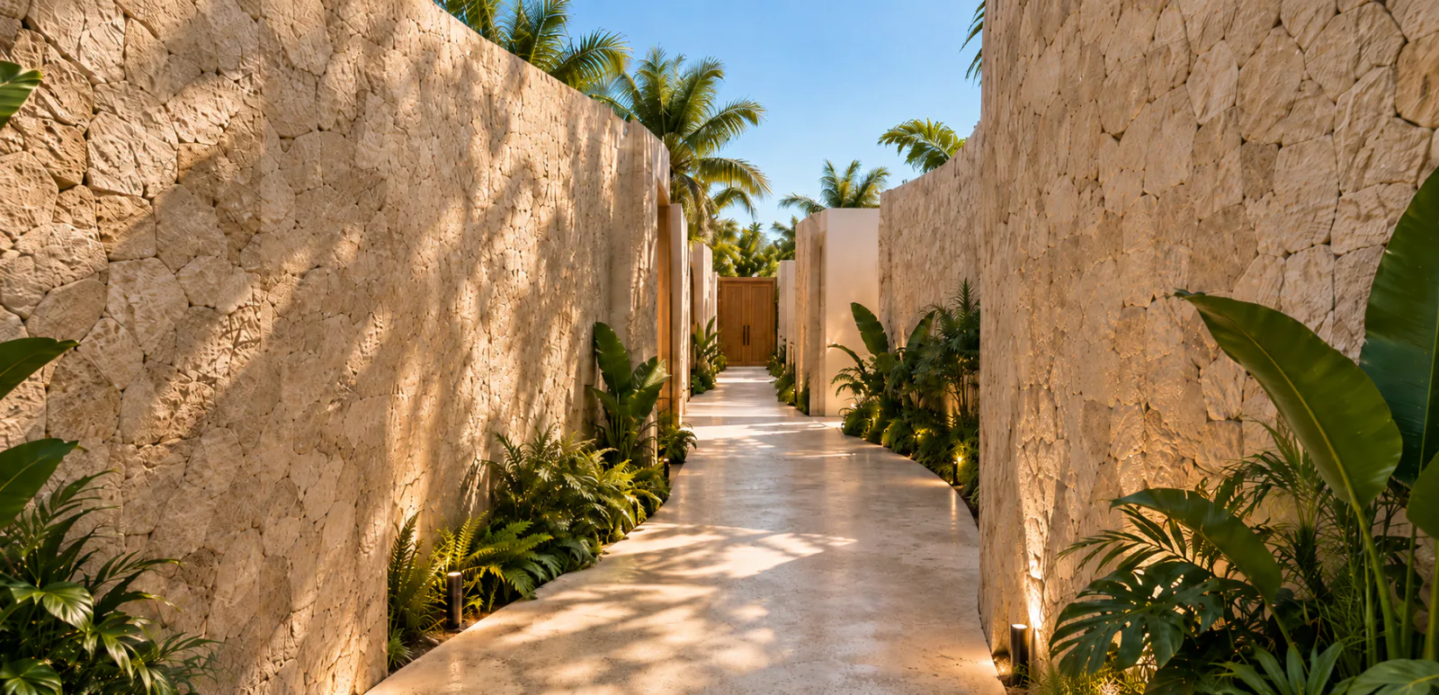 Paseo interior entre muros de piedra y vegetación tropical que lleva a unas puertas de teca