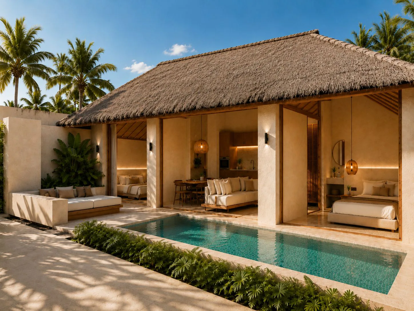 Villa con cubierta de alang-alang, piscina privada y daybed, abierta al jardín