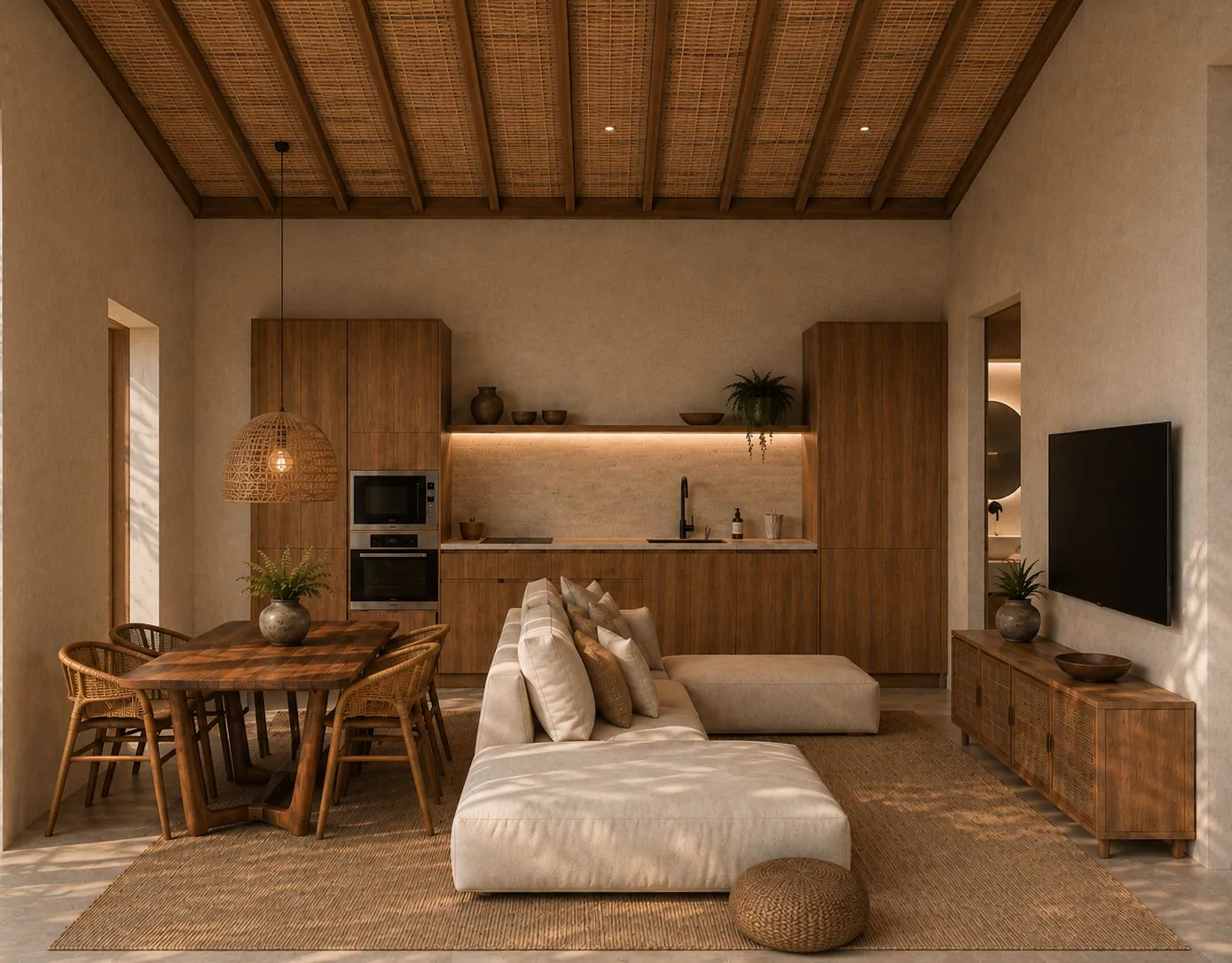 Salón con sofá y comedor de madera junto a la cocina equipada, bajo un techo de madera y ratán