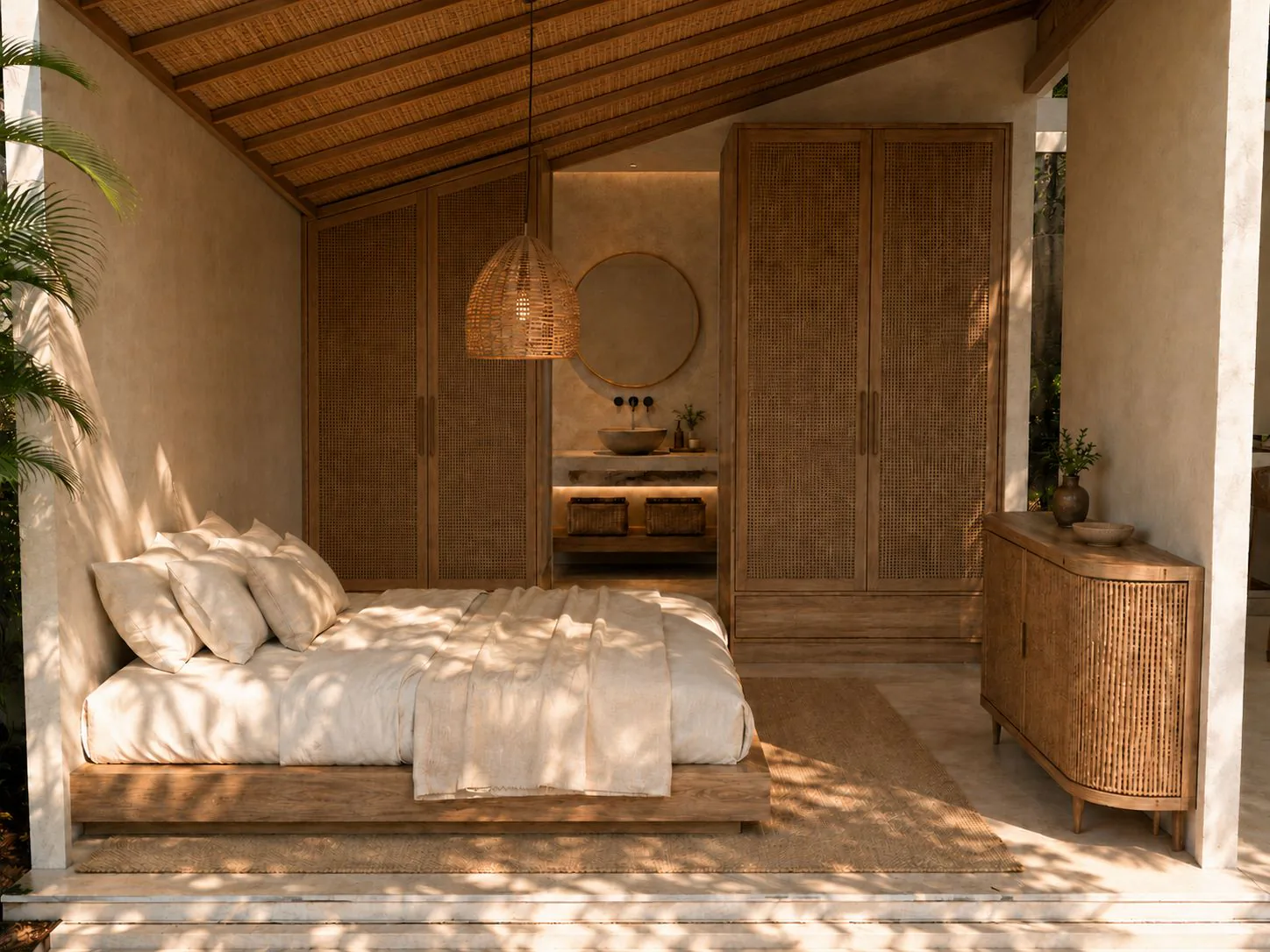 Dormitorio con cama baja, armarios de ratán tejido y lavabo de piedra al fondo