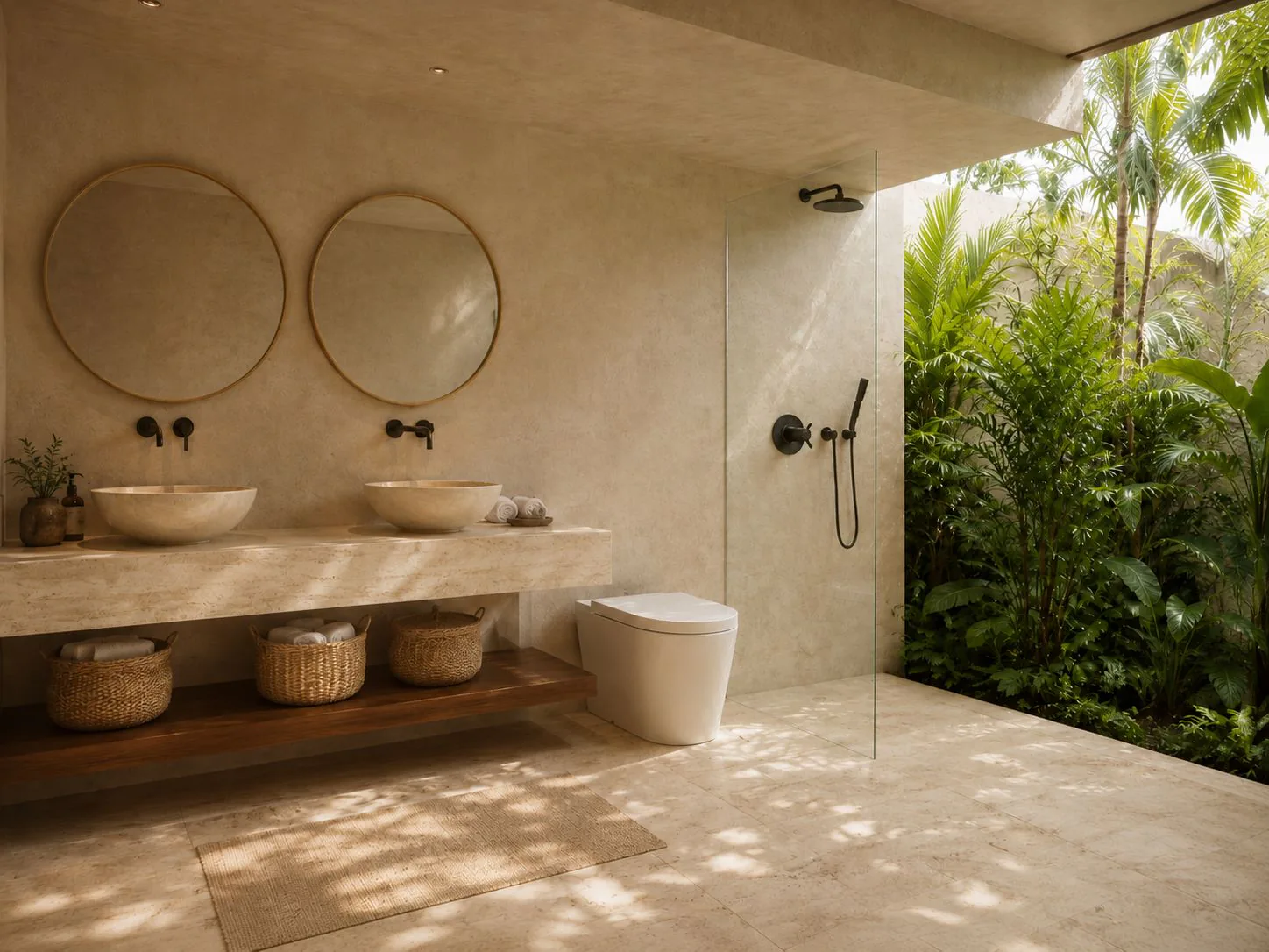 Baño con doble lavabo de piedra, espejos redondos y ducha de lluvia abierta al jardín