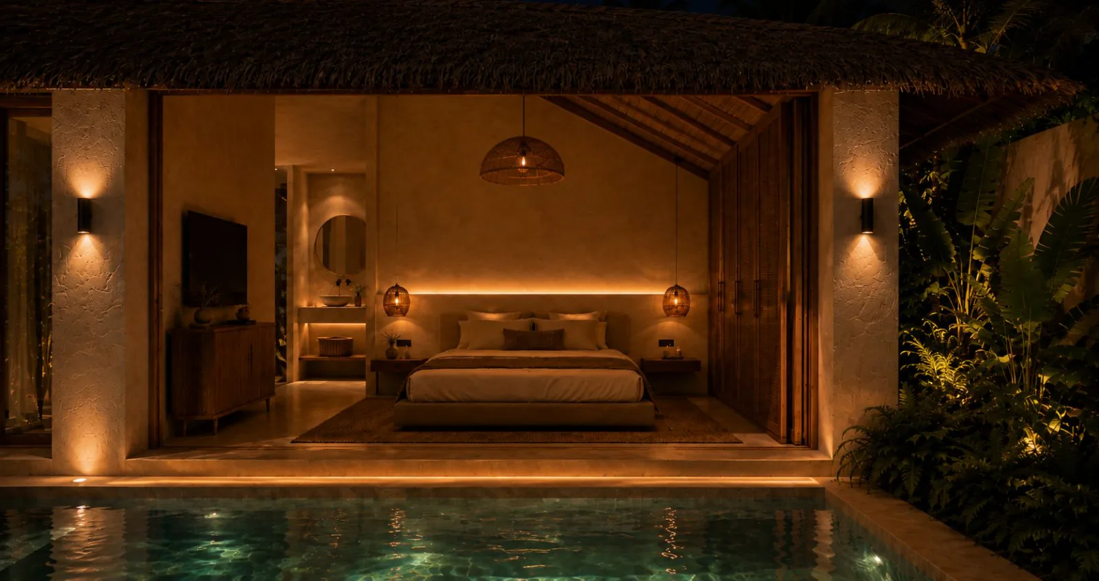 La villa de noche: el dormitorio iluminado frente a la piscina